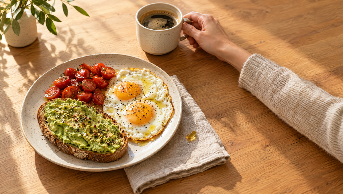Desayuno con aguacate, huevo y aceite de oliva junto a una cápsula blanda de vitamina D3 + K2