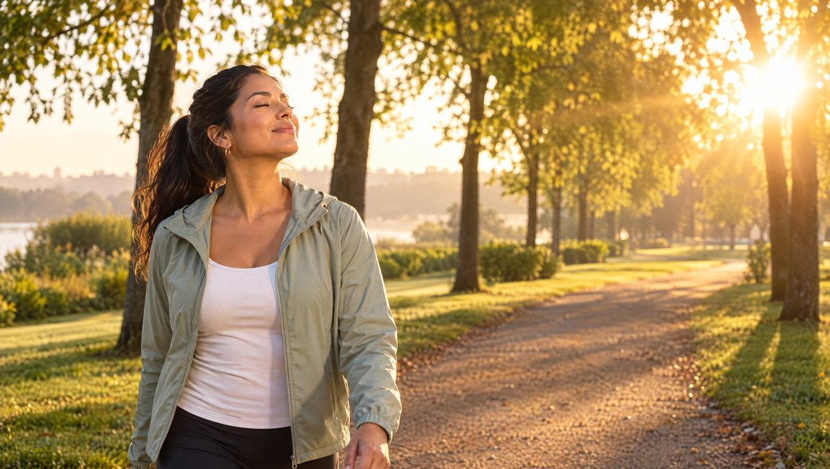 Mujer camina en el parque al amanecer recibiendo luz solar, fuente natural de vitamina D