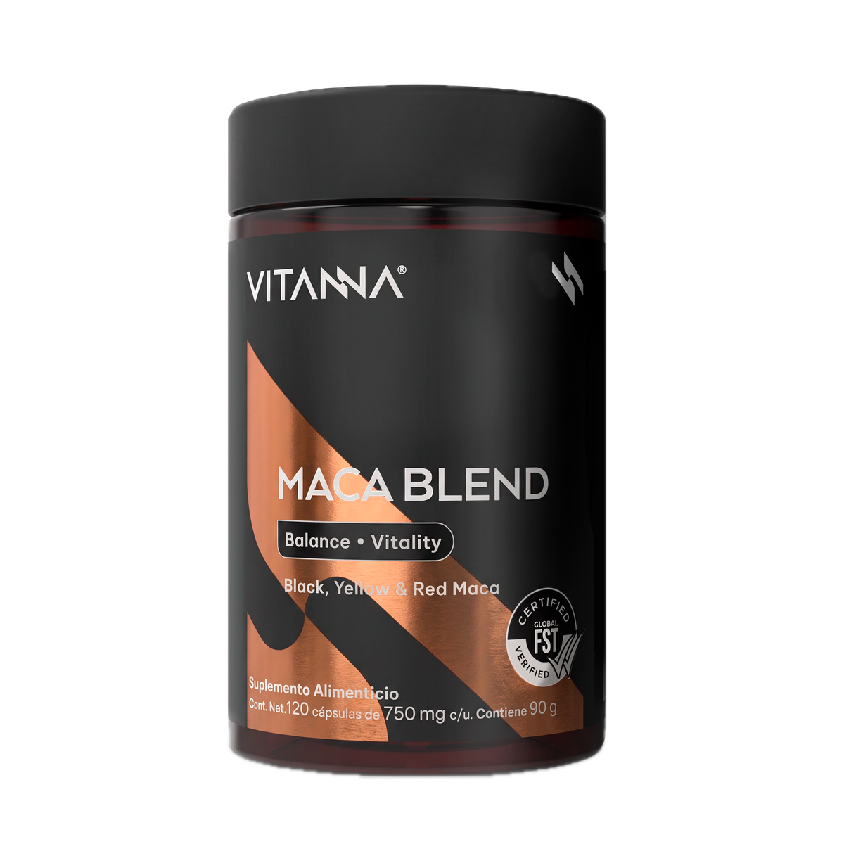 Frasco de Maca Blend Vitanna con maca negra, amarilla y roja, 120 cápsulas de 750 mg