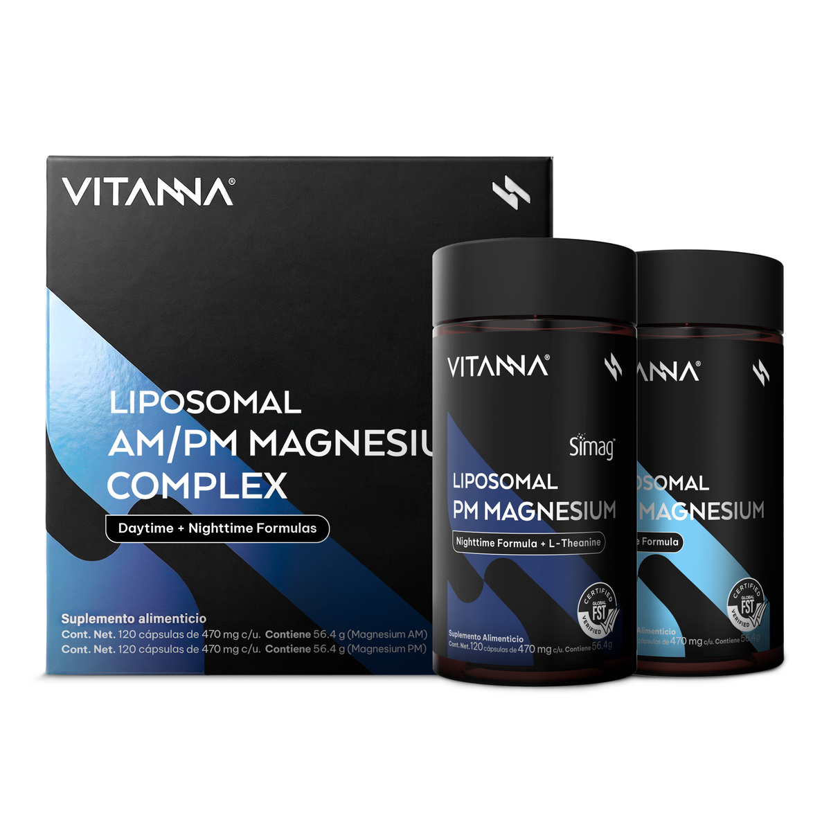 AM/PM Magnesium Complex Magnesio Malato Citrato Bisglicinato y Marino Simag con L-Teanina Día y Noche Verificado FST 240 Cápsulas 2 Meses