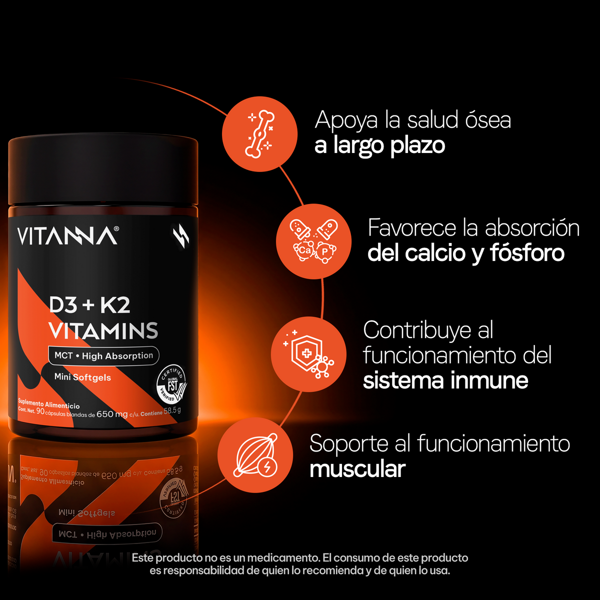 Vitamina D3 400 UI + K2 MK-7 30 mcg con Aceite MCT | 90 Softgels | 3 Meses