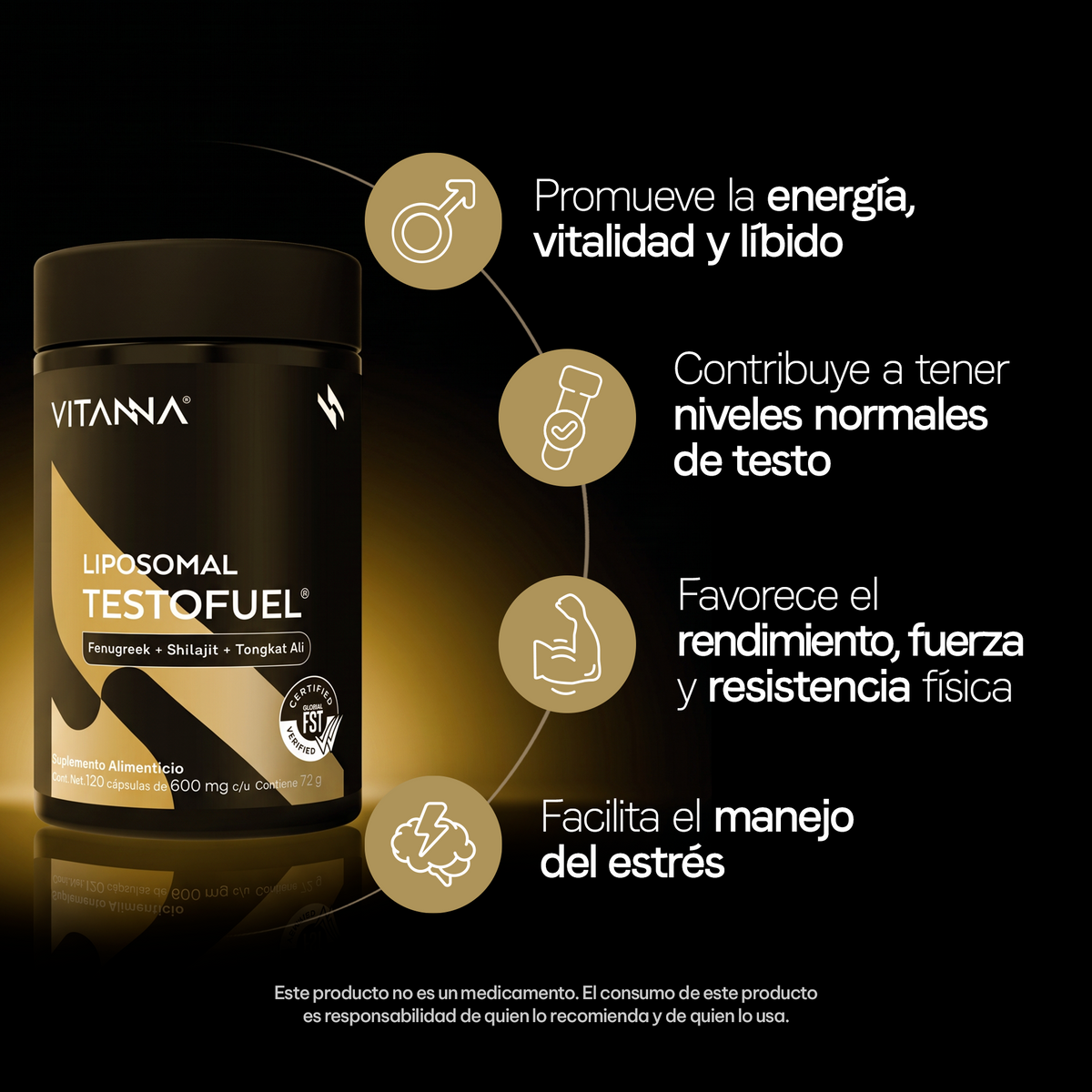 Testolift Fórmula de Energía y Vitalidad con Shilajit, Zinc | Certificado FST | 120 Cápsulas Veganas | 2 Meses