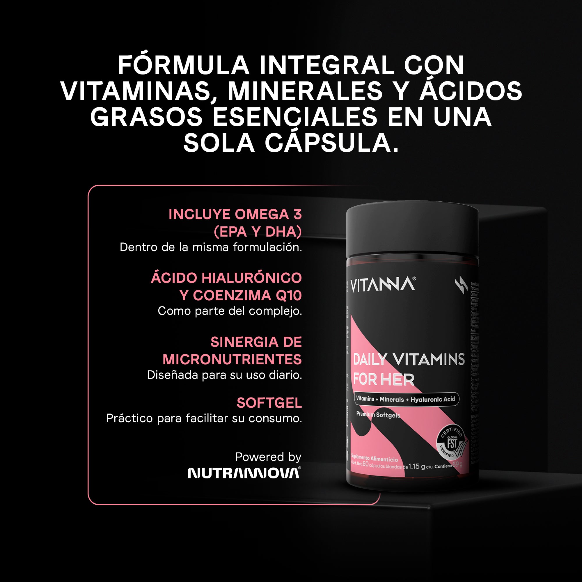 Multivitamínico para Mujer con CoQ10, Biotina, Ácido Hialurónico y Omega 3