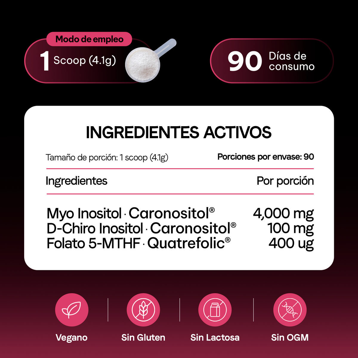 Inositol en Polvo 40:1 Myo-Inositol y D-Chiro | Caronositol® y Quatrefolic® Folato 5-MTHF |Bienestar Femenino | Vegano | 90 Porciones | 3 Meses | 369 g