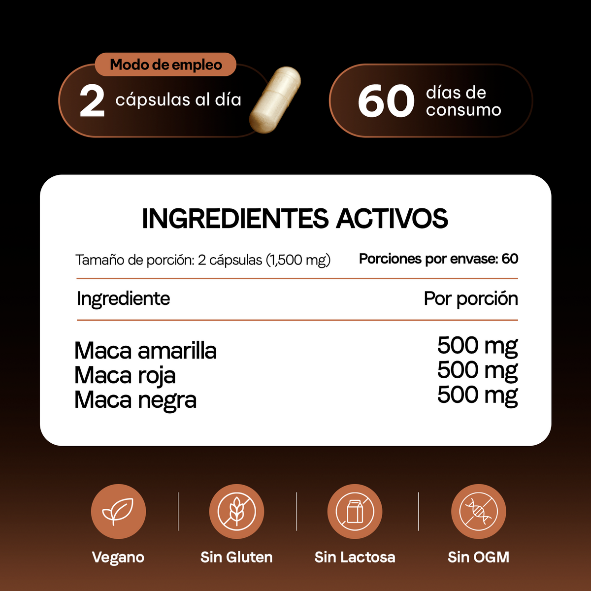 Ingredientes de Maca Blend Vitanna: 500 mg de maca amarilla, roja y negra por porción de 2 cápsulas