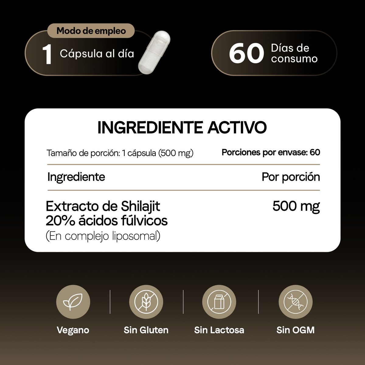 Shilajit Liposomal 500 mg | Ácido Fúlvico y Minerales Iónicos | Certificado FST | Adaptógeno Himalayo | 60 Cápsulas | 2 Meses