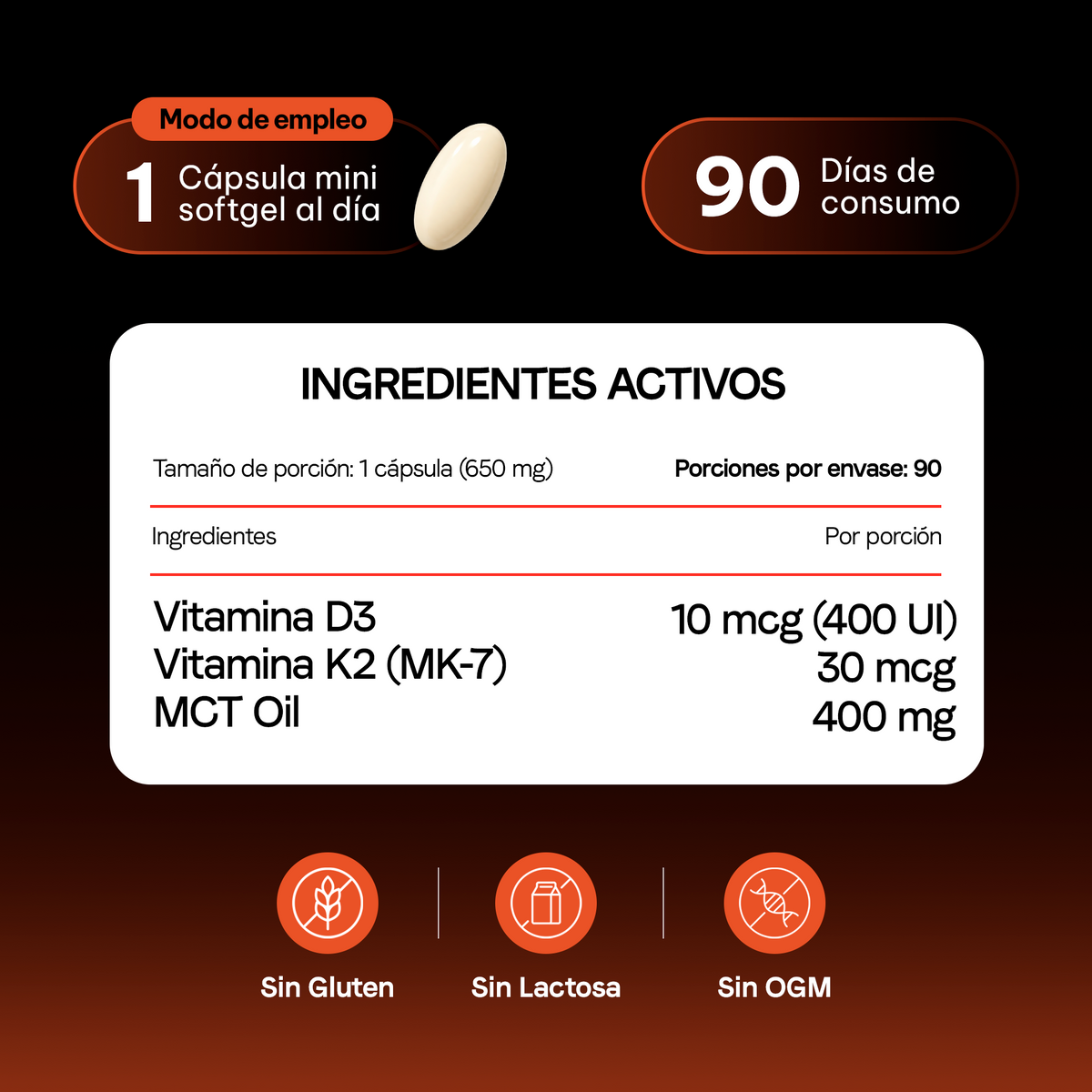 Vitamina D3 400 UI + K2 MK-7 30 mcg con Aceite MCT | 90 Softgels | 3 Meses