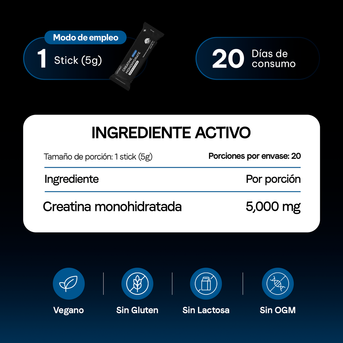 Creatina Monohidratada Creavant® en Polvo Sin Sabor | Alta Pureza | Certificado FST Sport | 20 Sticks + Botella