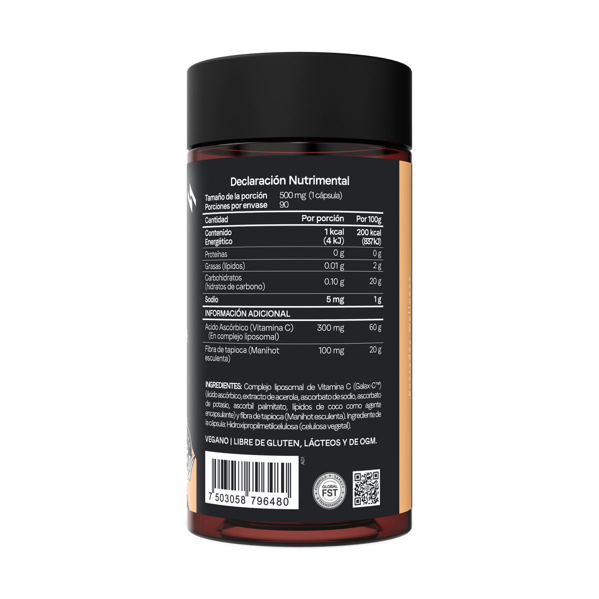 Vitamina C liposomal Galax-C™ 300 mg Vitanna, reverso del envase con la etiqueta