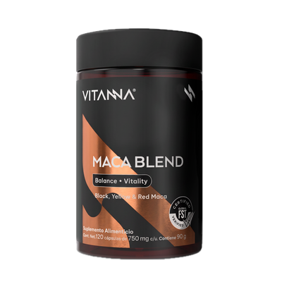Frasco de Maca Blend Vitanna con maca negra, amarilla y roja, 120 cápsulas de 750 mg