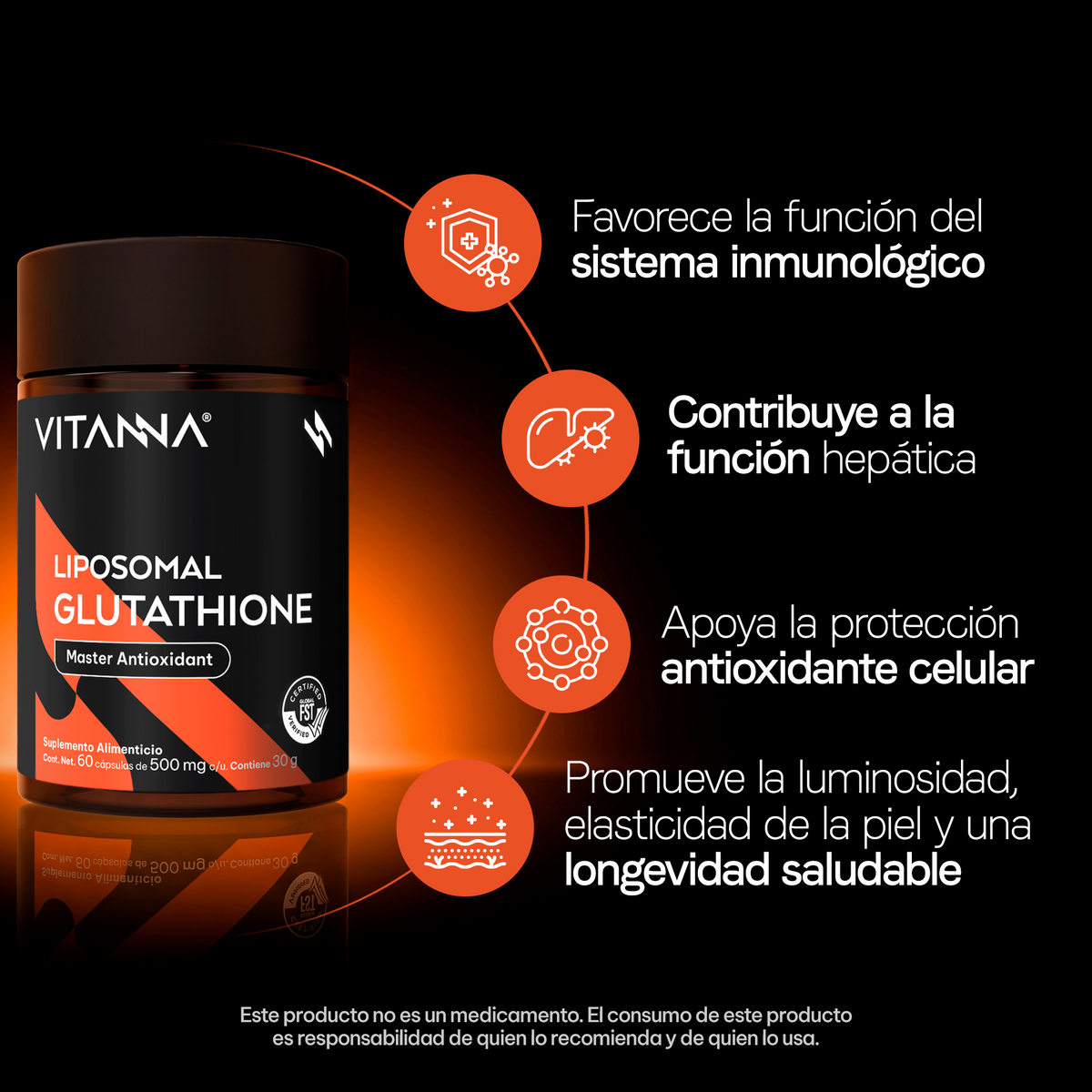 Glutatión Liposomal 500 mg | 200 mg de L-Glutatión por Cápsula | Certificado FST | Antioxidante Celular | 60 Cápsulas | 2 Meses