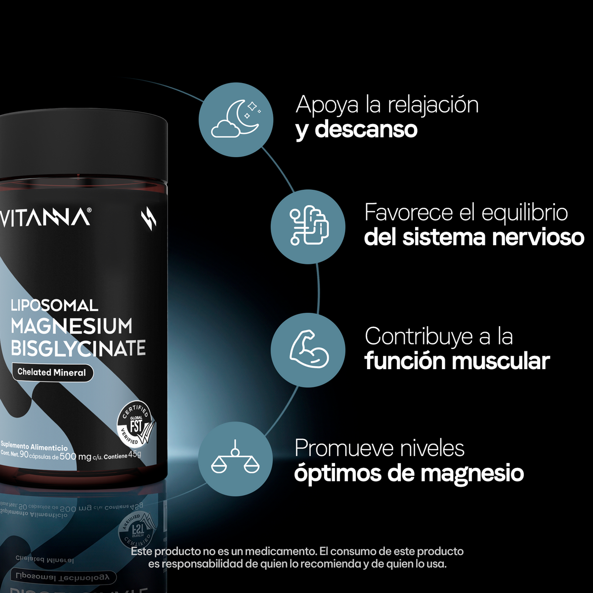 Bisglicinato de Magnesio Liposomal 500 mg | Alta Absorción | Certificado FST | Descanso y Relajación | Mineral Quelado | 90 Cápsulas | 3 Meses