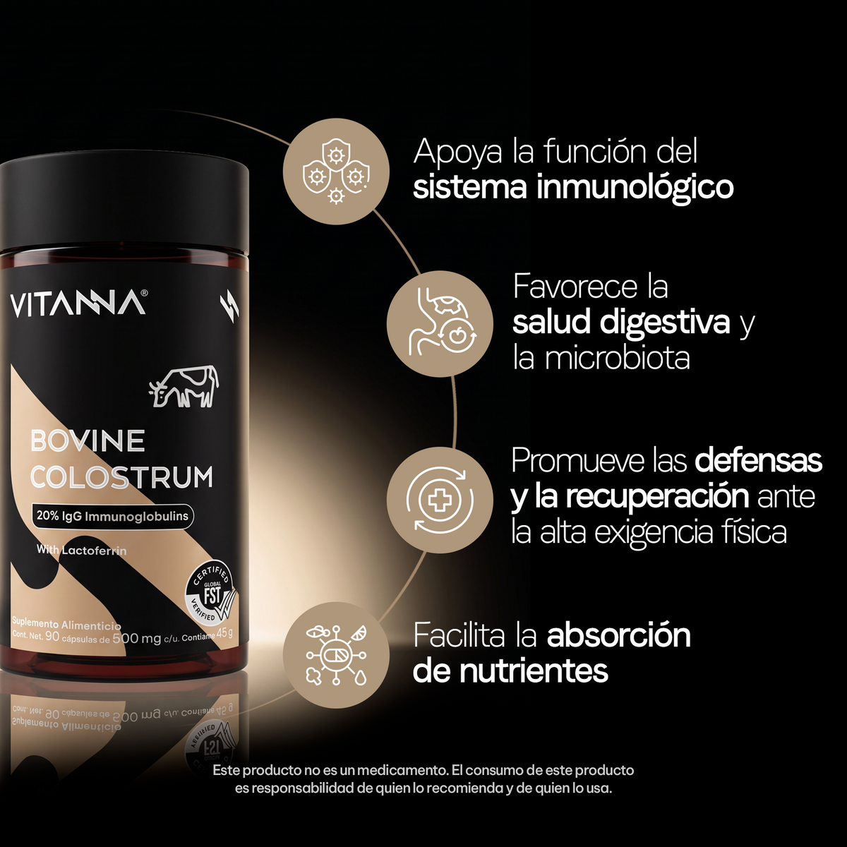 Calostro Bovino | Inmunoglobulinas IgG Naturales | 1000 mg por Porción | Certificado FST | Inmunidad Activa | 90 Cápsulas | 45 Días