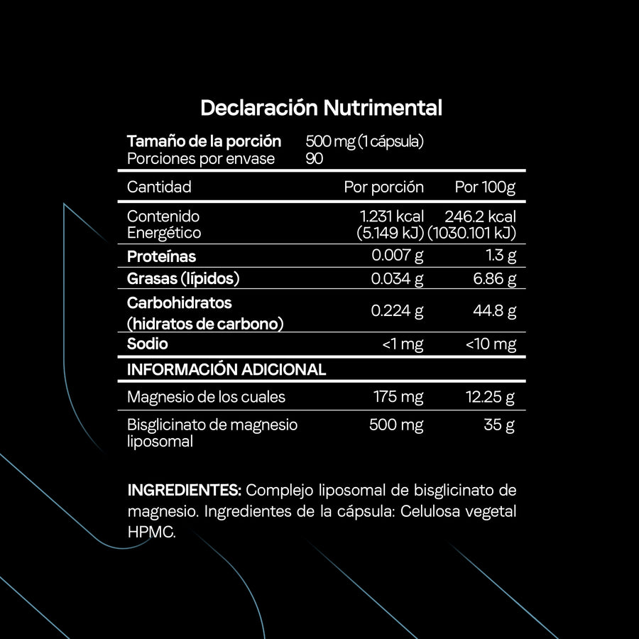 Magnesio Bisglicinato 500 mg - Tabla nutrimental y dosis por cápsula