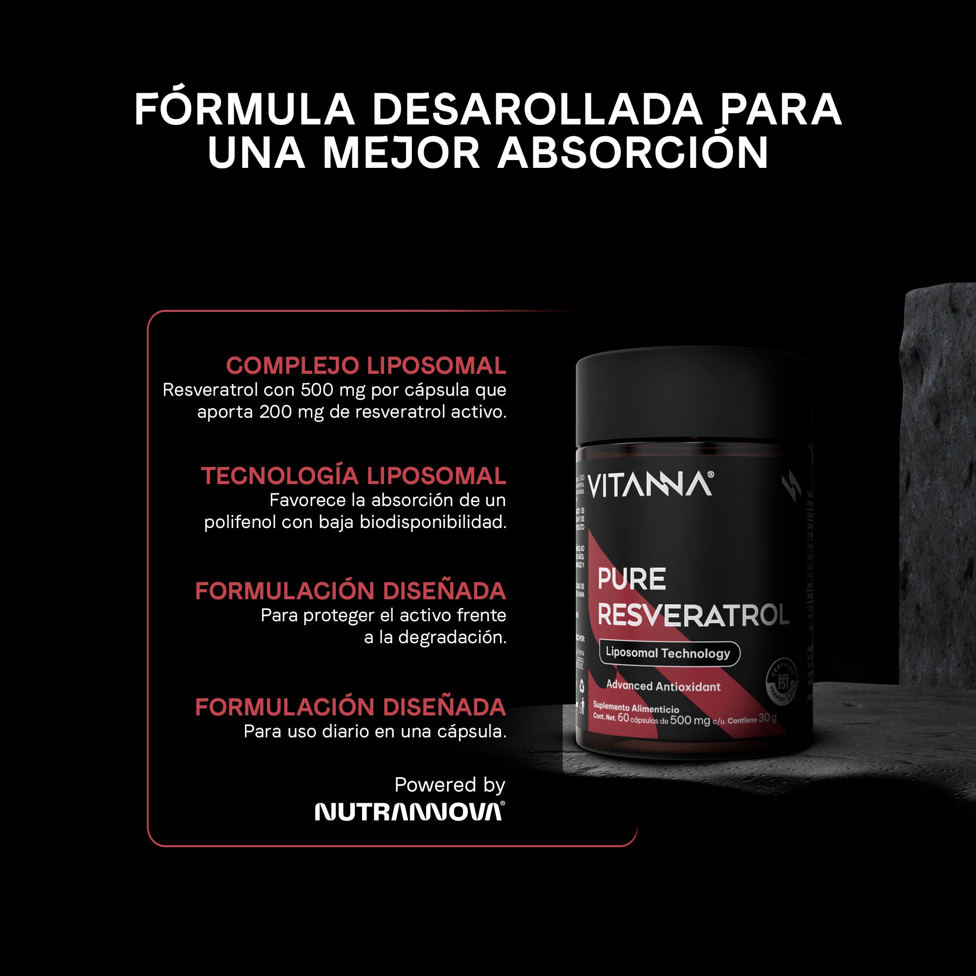 Resveratrol Liposomal 500 mg | 200 mg de Resveratrol por Cápsula | Certificado FST | Antioxidante Celular | 60 Cápsulas | 2 Meses