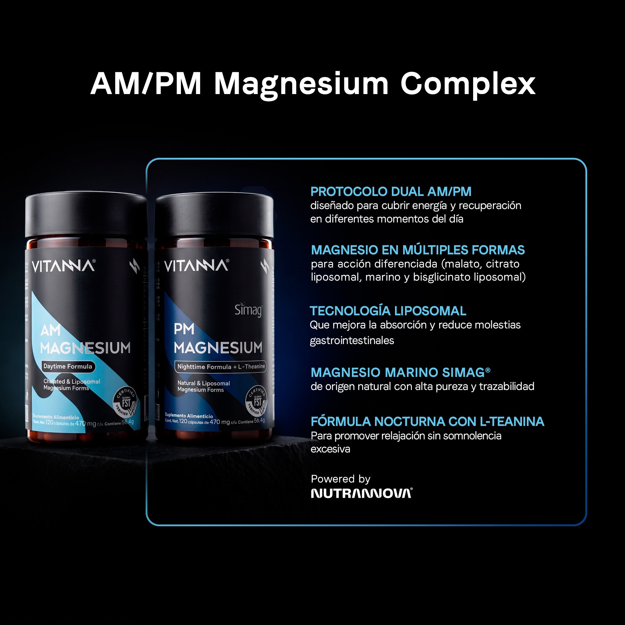 AM/PM Magnesium Complex Magnesio Malato Citrato Bisglicinato y Marino Simag con L-Teanina Día y Noche Verificado FST 240 Cápsulas 2 Meses