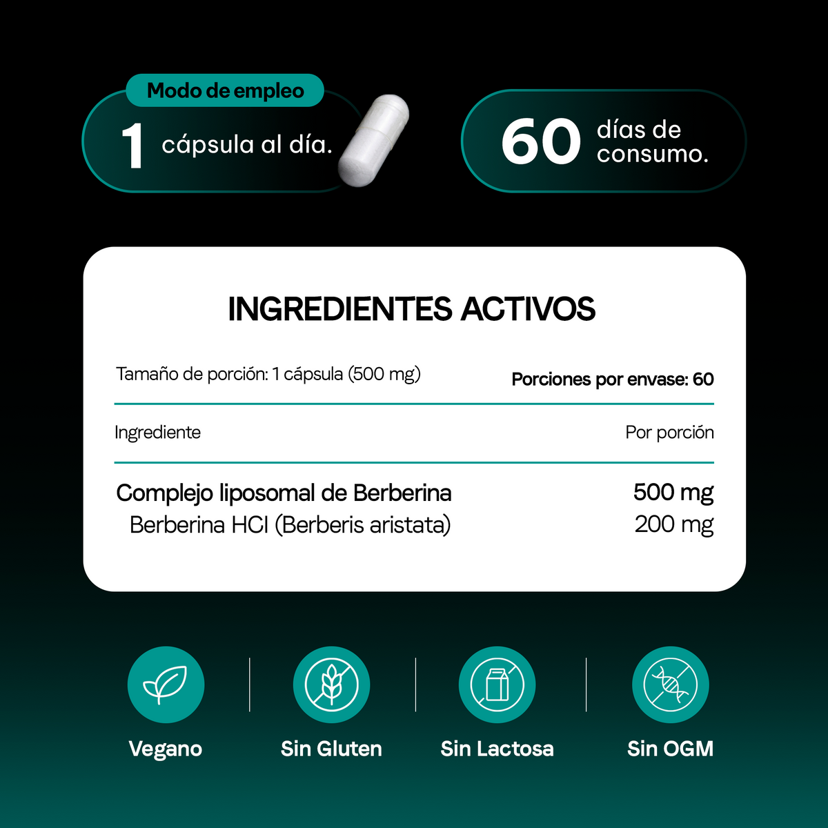 Berberina Liposomal 500 mg |  Alta Absorción Verificado | Origen Botánico | Bienestar Metabólico | 60 Cápsulas 2 Meses