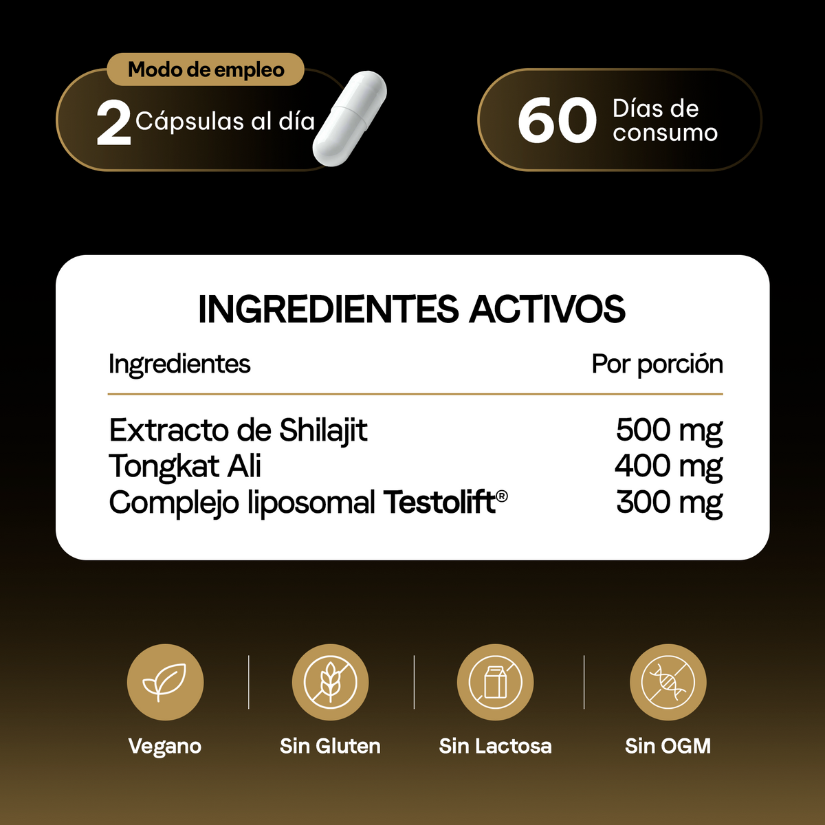 Testolift Fórmula de Energía y Vitalidad con Shilajit, Zinc | Certificado FST | 120 Cápsulas Veganas | 2 Meses