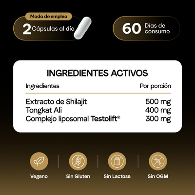 Testolift Fórmula de Energía y Vitalidad con Shilajit, Zinc | Certificado FST | 120 Cápsulas Veganas | 2 Meses