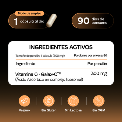 Tabla nutrimental de vitamina C liposomal Galax-C™ 300 mg
