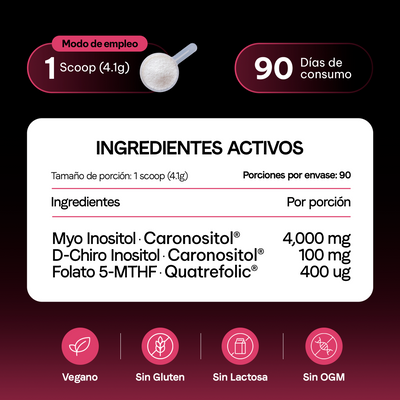 Inositol en Polvo 40:1 Myo-Inositol y D-Chiro | Caronositol® y Quatrefolic® Folato 5-MTHF |Bienestar Femenino | Vegano | 90 Porciones | 3 Meses | 369 g