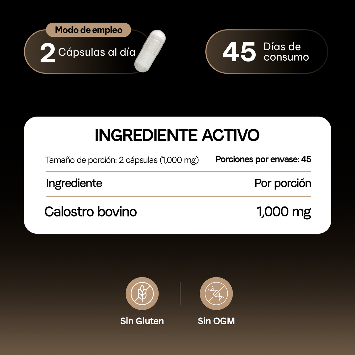 Calostro Bovino | Inmunoglobulinas IgG Naturales | 1000 mg por Porción | Certificado FST | Inmunidad Activa | 90 Cápsulas | 45 Días