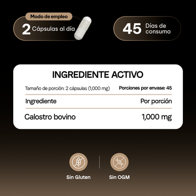 Calostro Bovino | Inmunoglobulinas IgG Naturales | 1000 mg por Porción | Certificado FST | Inmunidad Activa | 90 Cápsulas | 45 Días