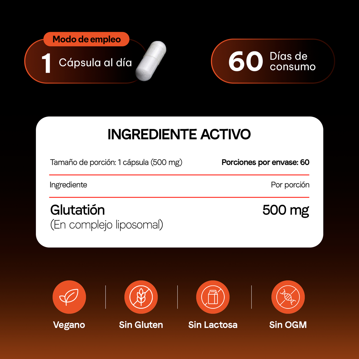 Glutatión Liposomal 500 mg | 200 mg de L-Glutatión por Cápsula | Certificado FST | Antioxidante Celular | 60 Cápsulas | 2 Meses