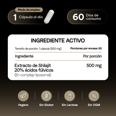 Shilajit Liposomal 500 mg | Ácido Fúlvico y Minerales Iónicos | Certificado FST | Adaptógeno Himalayo | 60 Cápsulas | 2 Meses