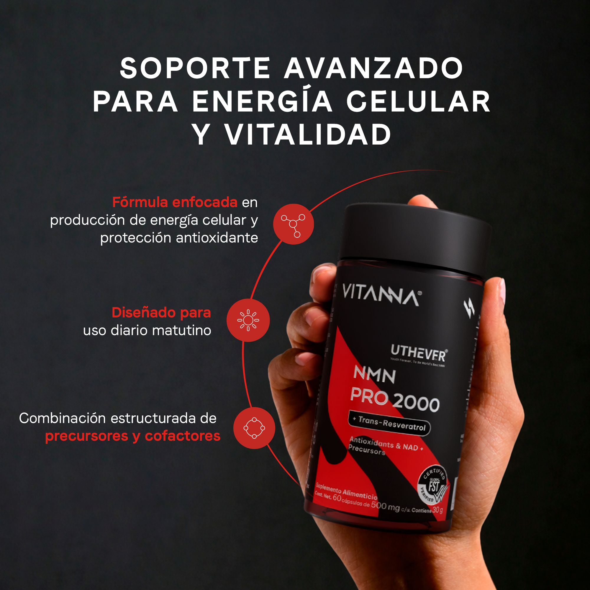 NMN suplemento Vitanna - Beneficios antioxidante bienestar celular y longevidad activa