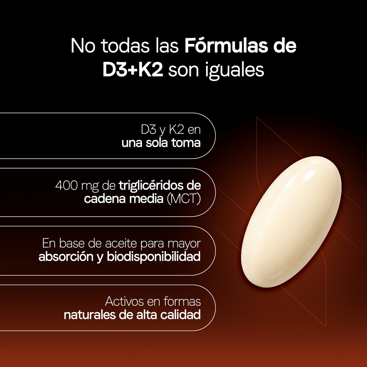 Vitamina D3 400 UI + K2 MK-7 30 mcg con Aceite MCT | 90 Softgels | 3 Meses