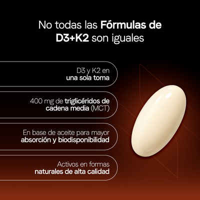Vitamina D3 400 UI + K2 MK-7 30 mcg con Aceite MCT | 90 Softgels | 3 Meses