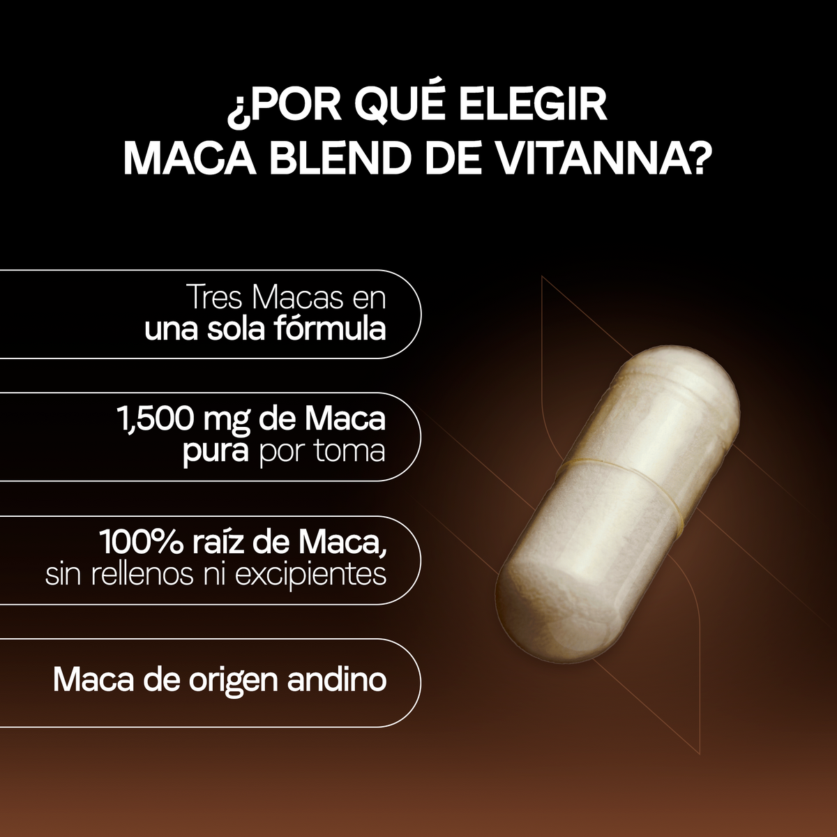Por qué elegir Maca Blend Vitanna: 1,500 mg de maca andina pura por toma, sin rellenos