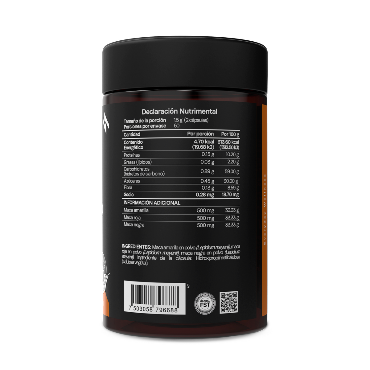 Etiqueta trasera de Maca Blend Vitanna con información nutrimental y modo de empleo