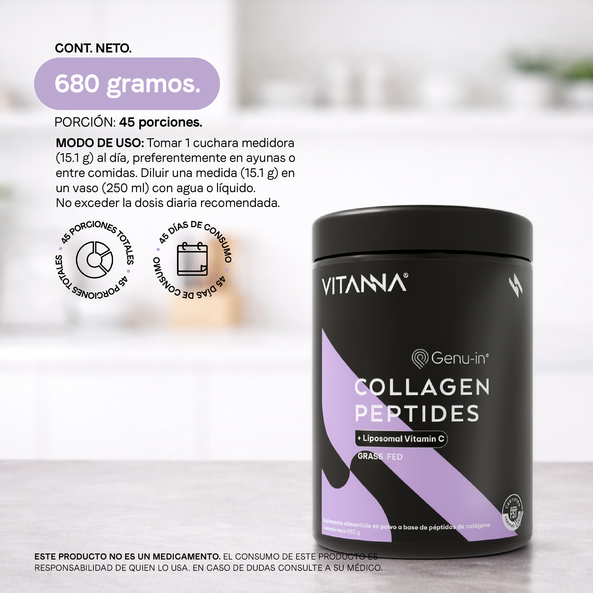 Péptidos de Colágeno Vitanna - Modo de uso 1 cuchara diaria diluir en agua