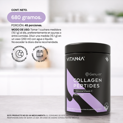 Péptidos de Colágeno Vitanna - Modo de uso 1 cuchara diaria diluir en agua